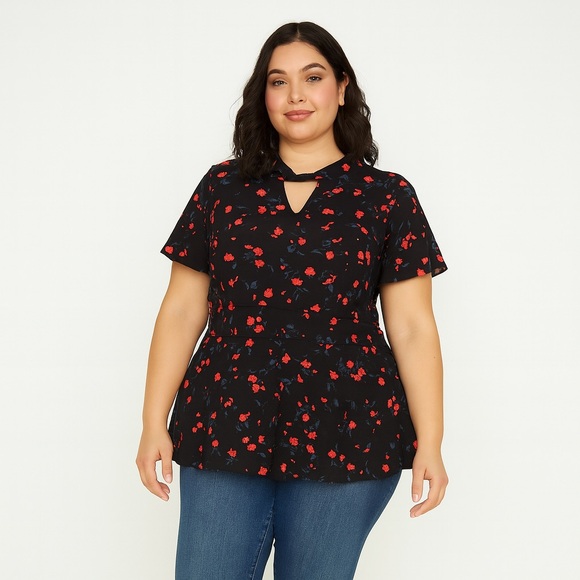 Lane Bryant Tops - Lane Bryant Peplum Floral Black with Pinkish Red Accents Top V Neck | Size 18